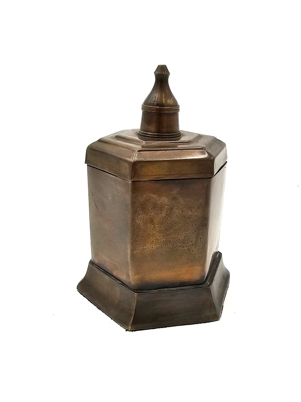 Vintage Hexagonal Brass Lidded Box |Dark Patina |Tobacco Jar |Tea |Century India
